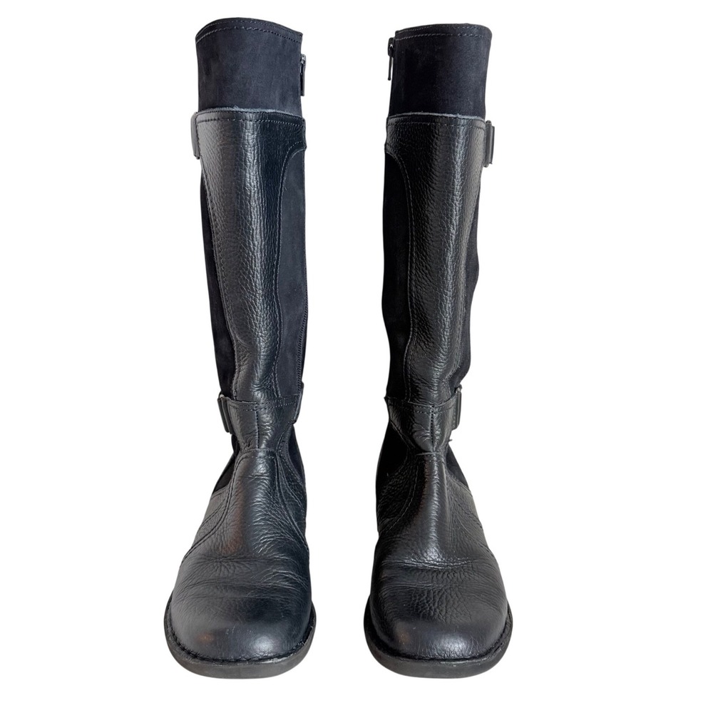 Clarks Knee High Boots Women 8.5 Navy Leather Suede Buckle Side Zip Tall Boots